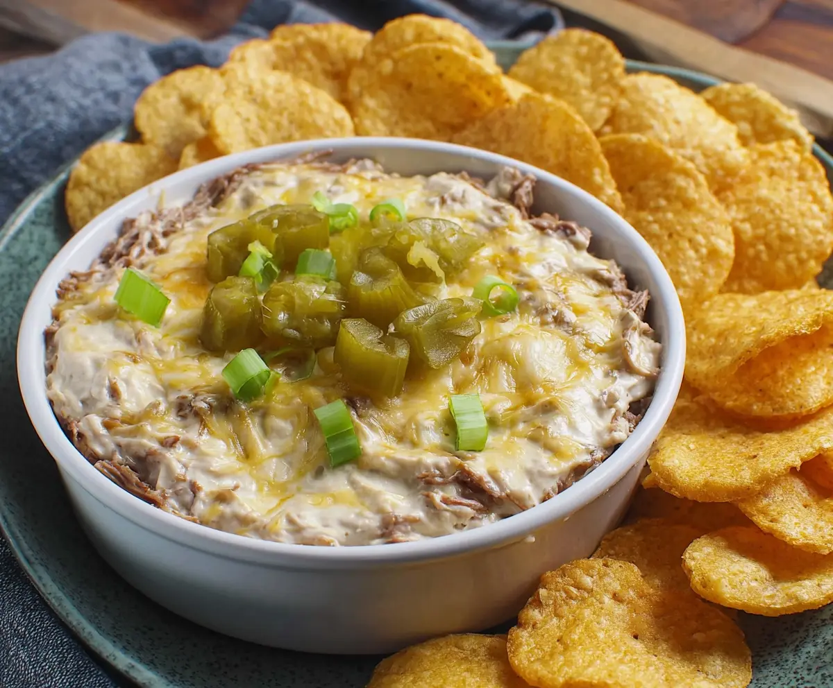 Delicious Mississippi Pot Roast Dip served with crunchy breadsticks and fresh vegetables.