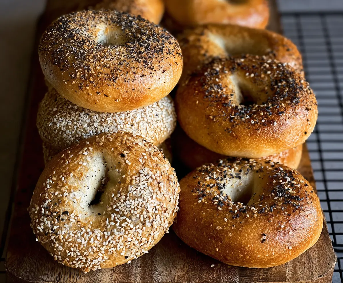 Freshly baked New York Style Sourdough Discard Bagels on a rustic wooden board.