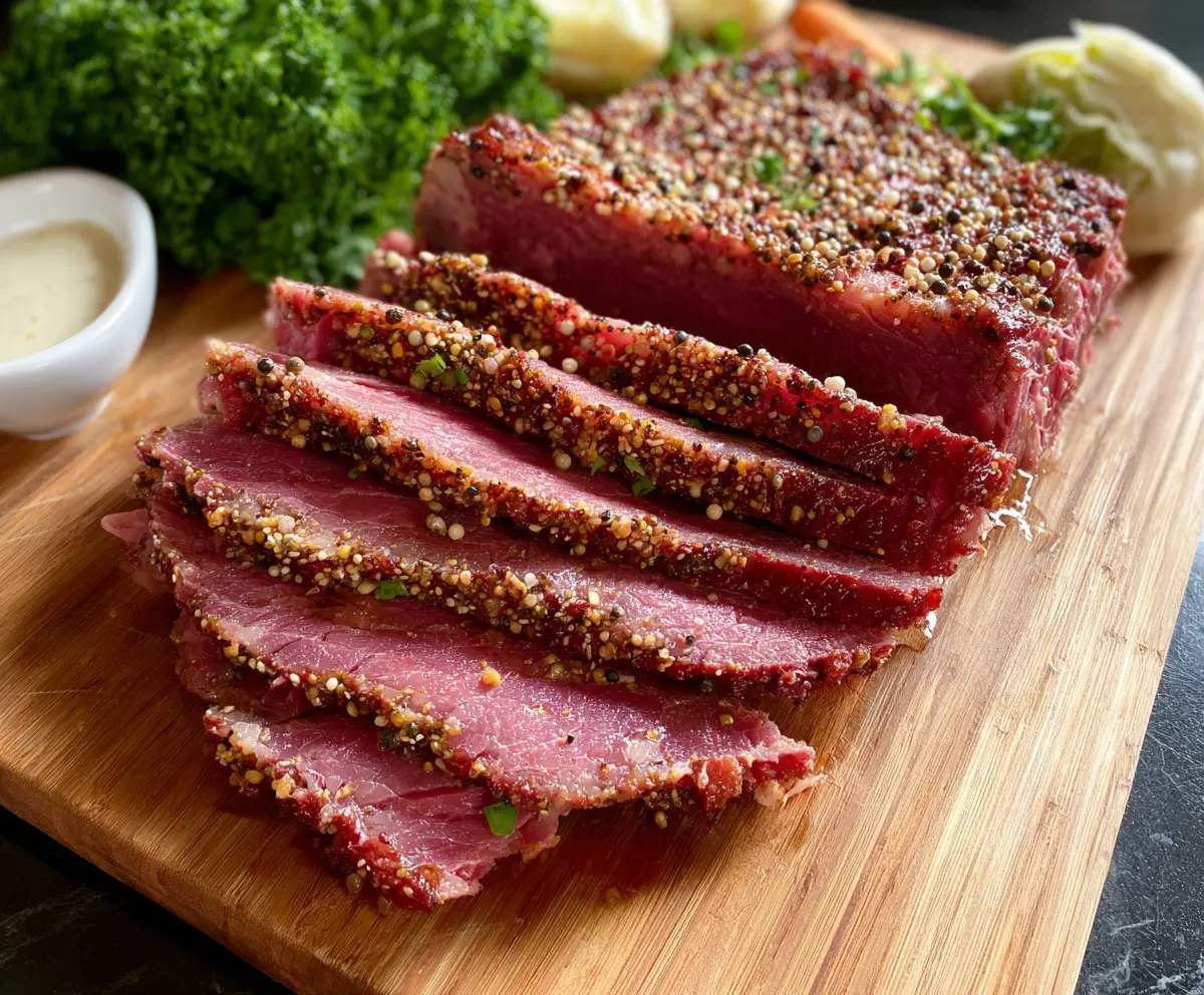Delicious oven roasted corned beef with crispy edges and tender interior, perfect for a hearty meal.