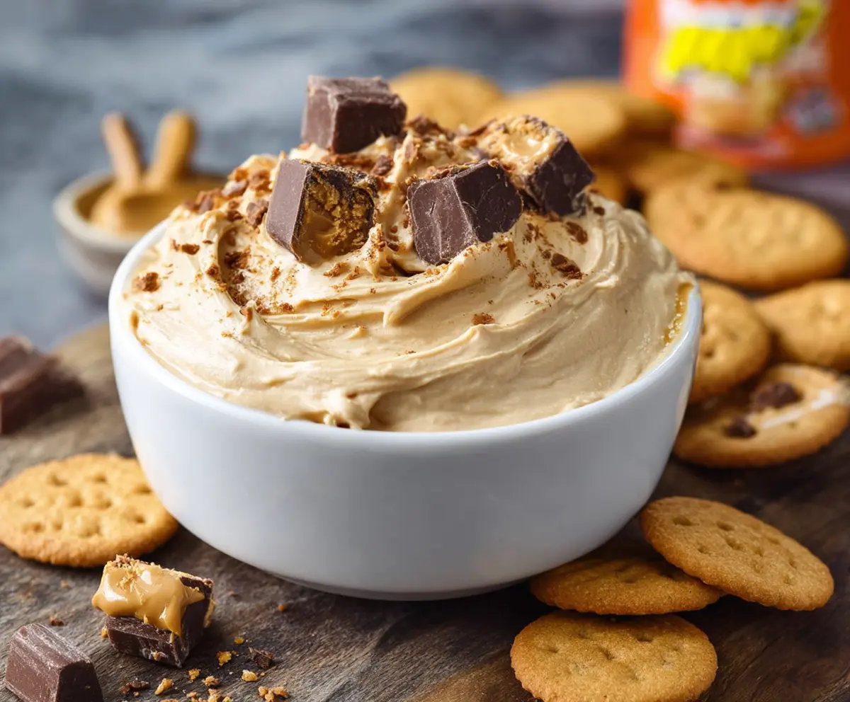 Creamy peanut butter cheesecake dip served with crunchy cookies, perfect for parties and snacks.