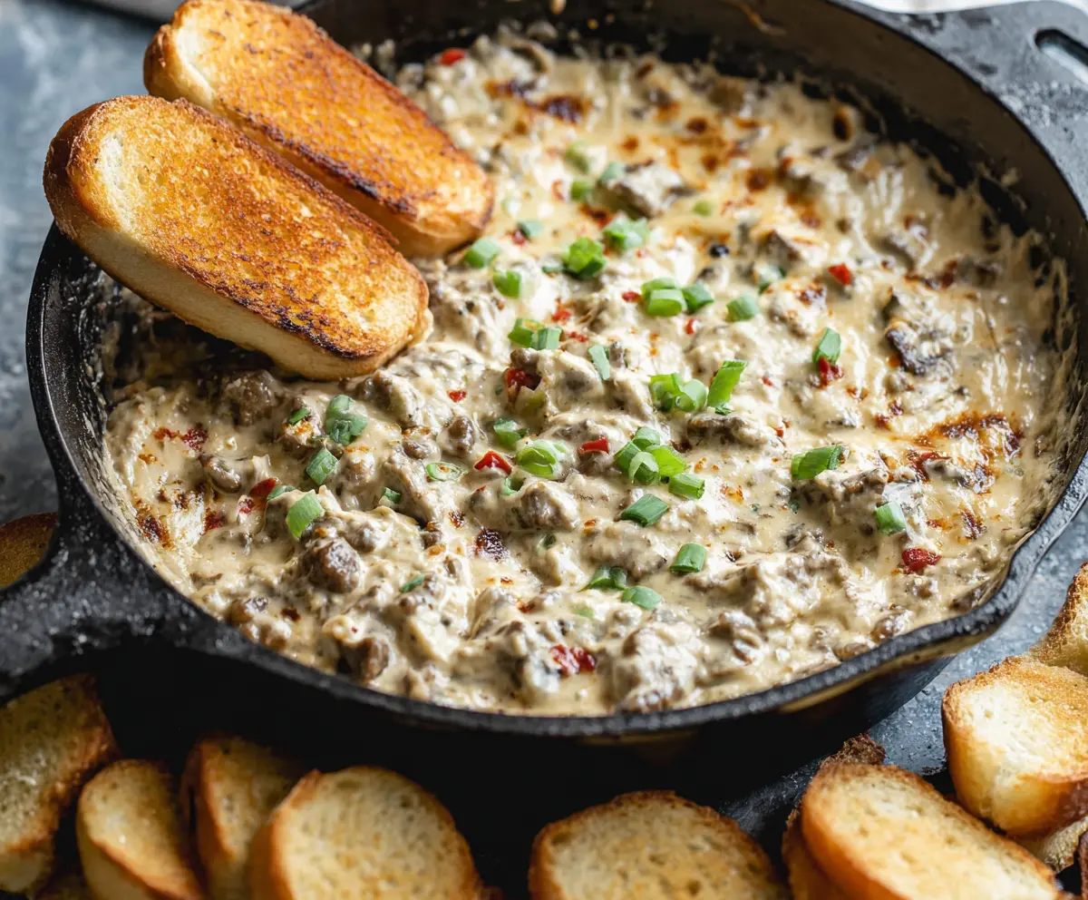 Creamy Philly Cheesesteak Dip with melted cheese and savory steak slices in a serving bowl.