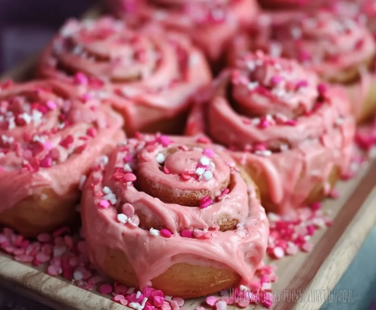 Delicious pink velvet cinnamon rolls topped with cream cheese frosting, perfect for breakfast or dessert.