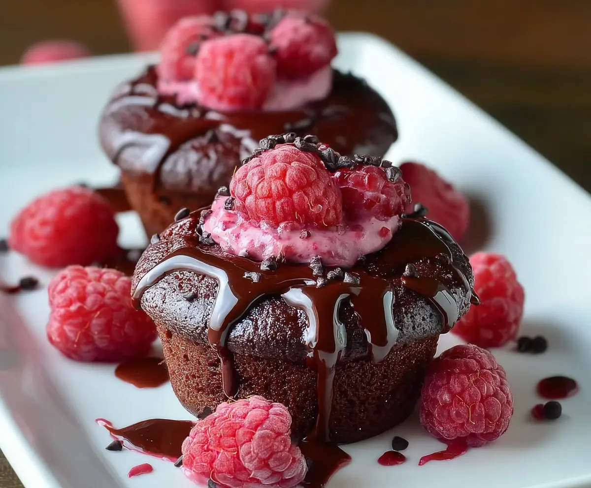 Delicious Raspberry Chocolate Lava Cupcakes with gooey center and fresh raspberries on top.