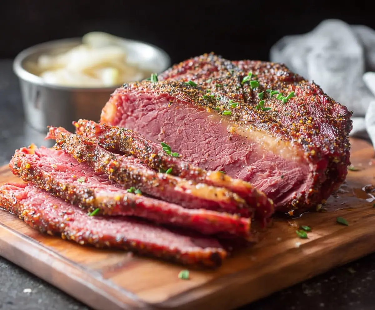 Delicious roasted corned beef served with fresh vegetables on a rustic platter.