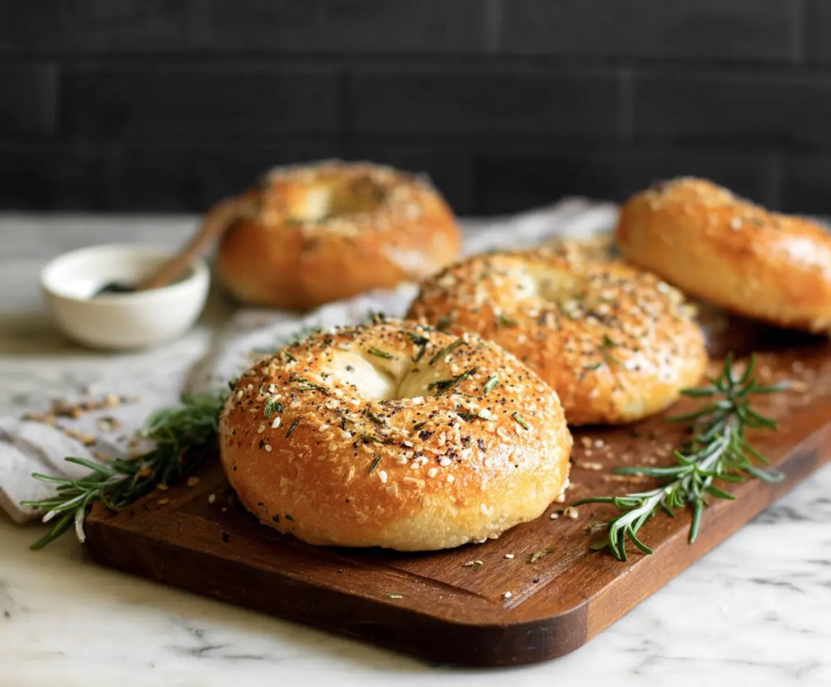 Golden rosemary bagels fresh out of the oven with fragrant herbs and chewy texture.
