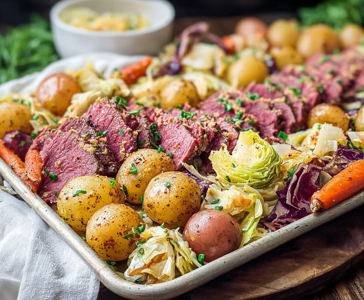 Delicious sheet pan corned beef and cabbage with colorful vegetables ready to serve