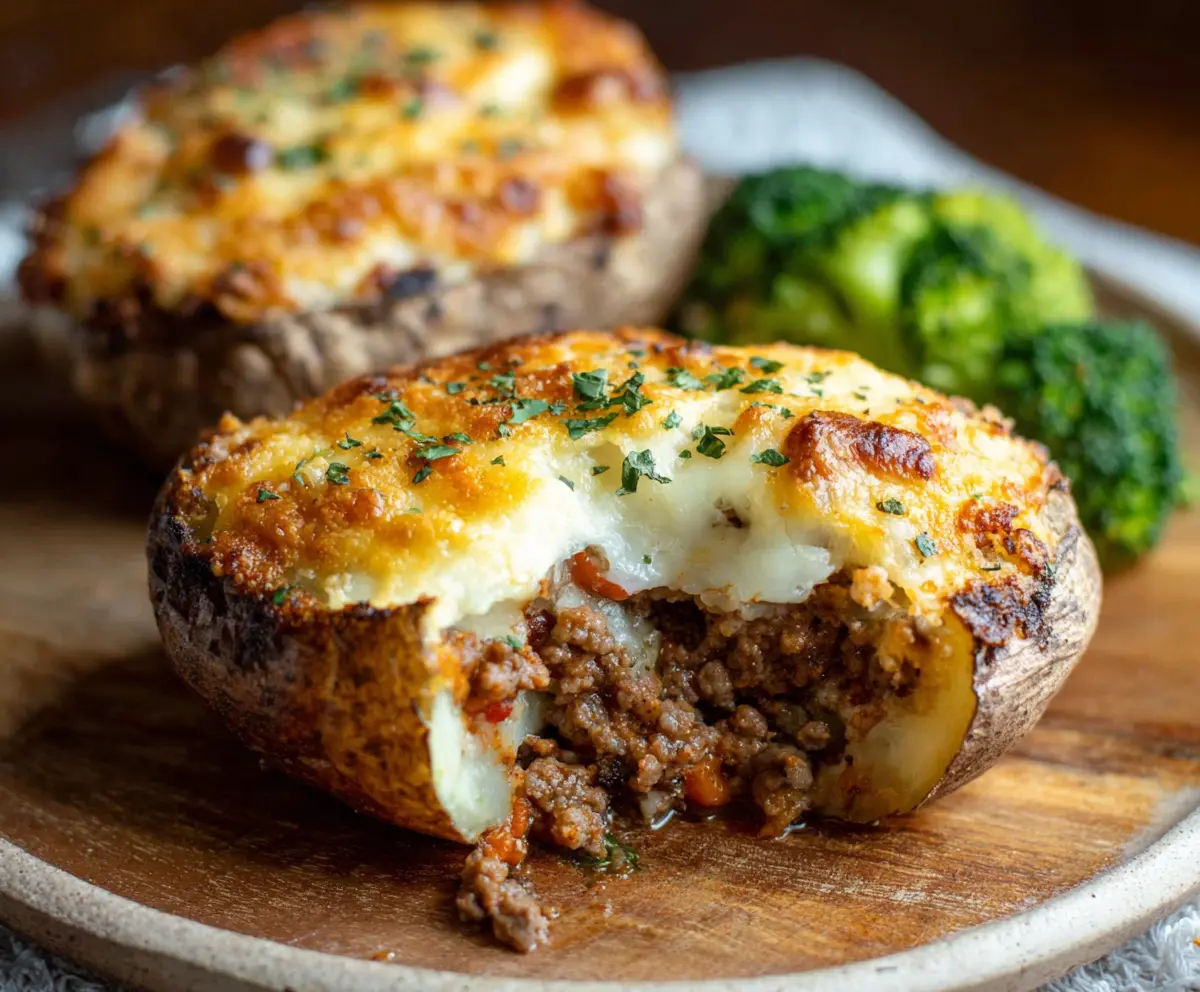 Delicious Shepherd's Pie Baked Potatoes with golden cheese and savory filling served in a rustic dish