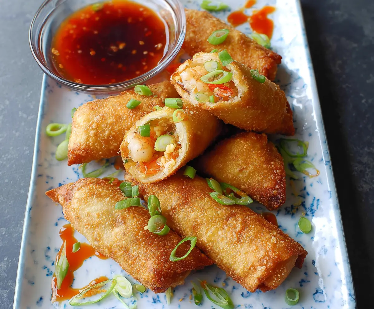 Delicious shrimp egg rolls served with dipping sauce, crispy golden exterior, perfect appetizer or snack.
