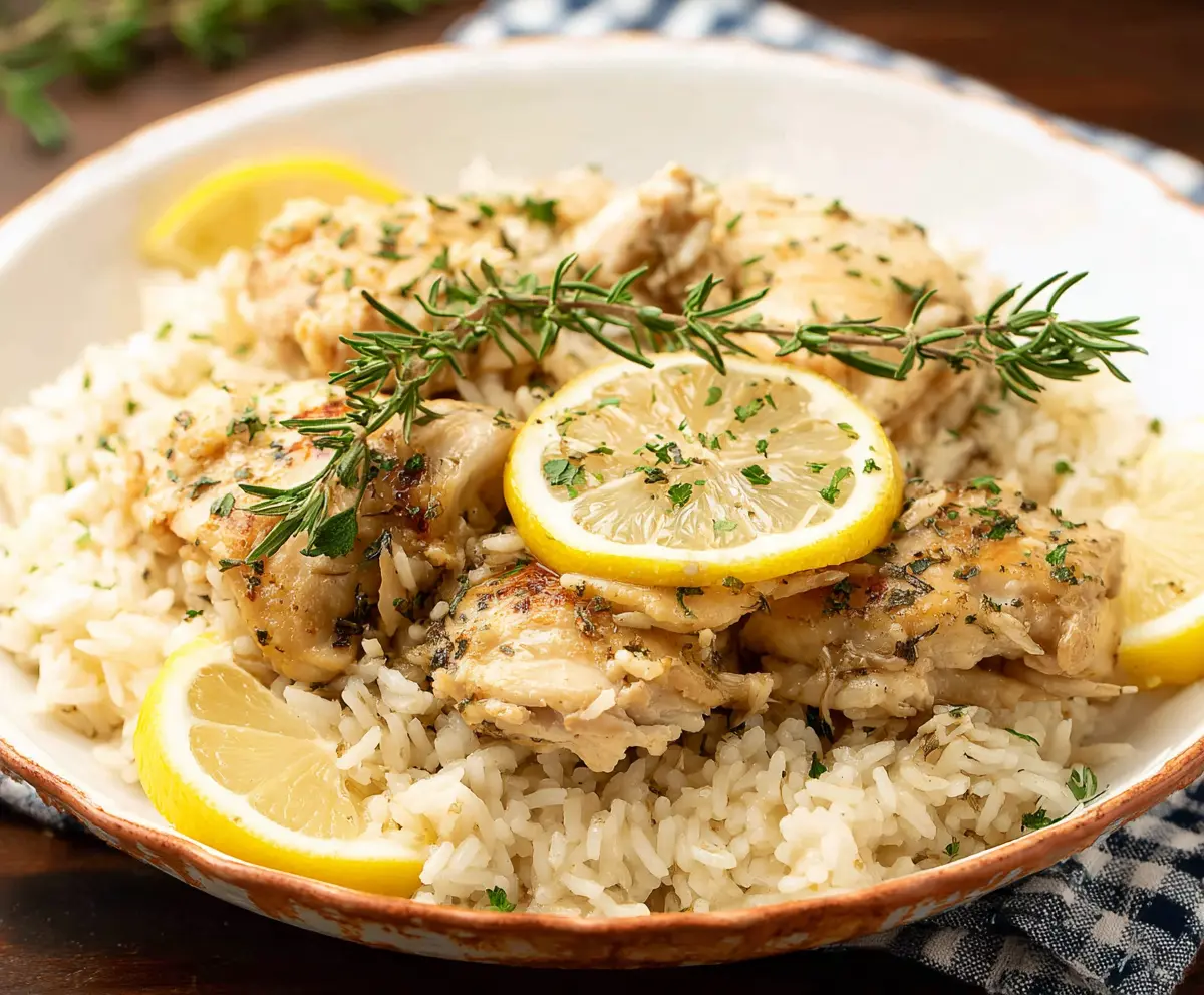 Delicious slow cooker lemon herb chicken served with fluffy rice, perfect for a healthy meal.