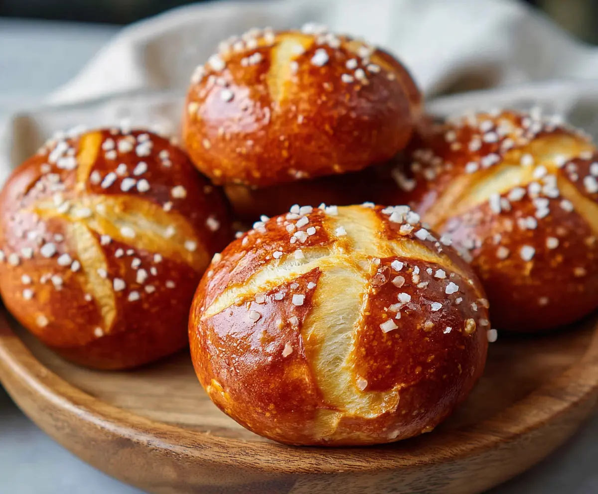 Golden-brown soft pretzel buns stacked on a wooden board, steaming and ready to serve.