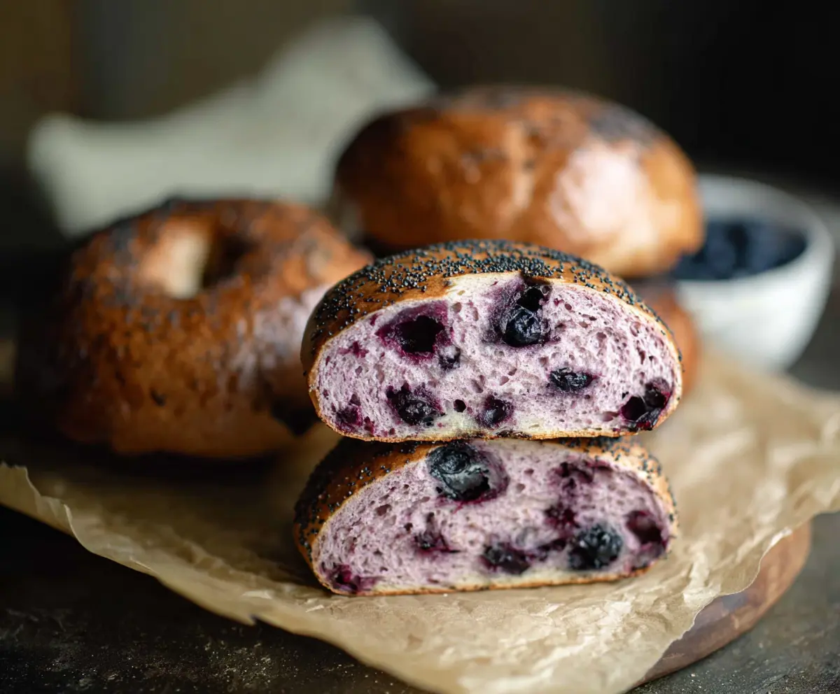 Freshly baked sourdough blueberry bagels on a rustic wooden surface, highlighting their golden crust and vibrant blueberries inside.