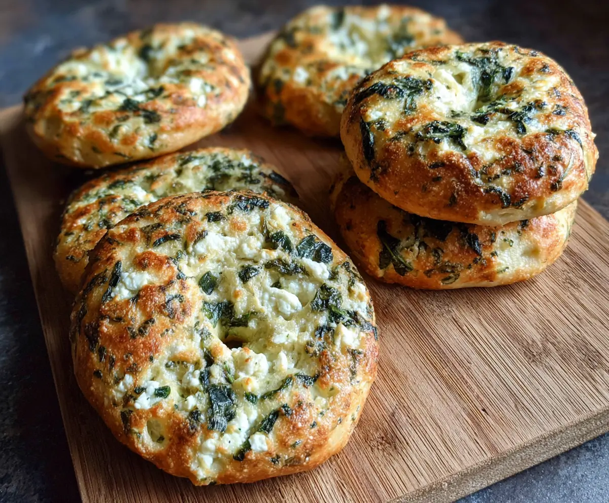 Fresh spinach and creamy cottage cheese filling in homemade flat bagels, perfect for a healthy breakfast.