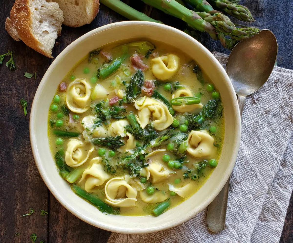 Delicious spring tortellini soup with fresh peas and tender asparagus in a clear bowl.