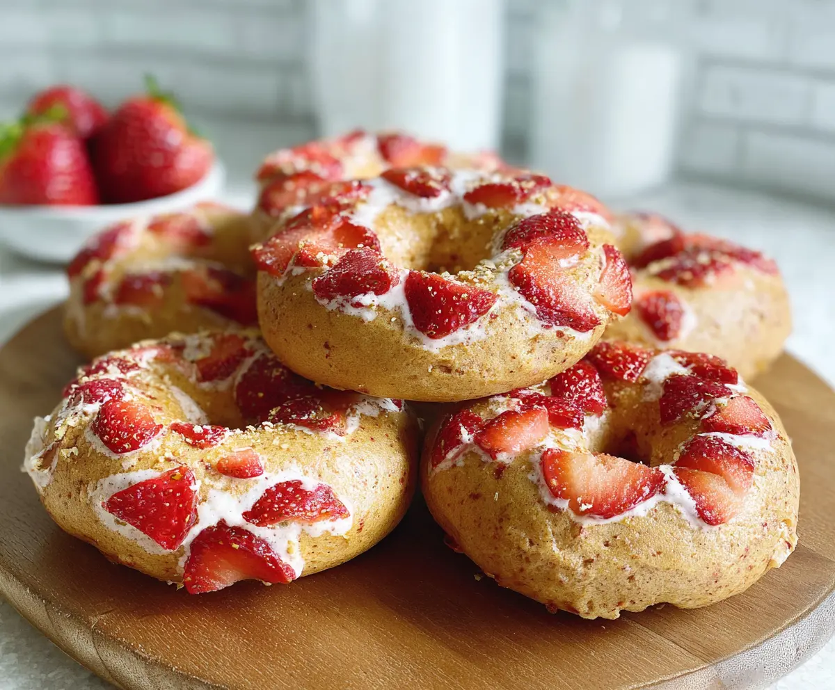 Fresh strawberry bagels sliced open, showcasing creamy cream cheese filling and vibrant strawberry pieces.