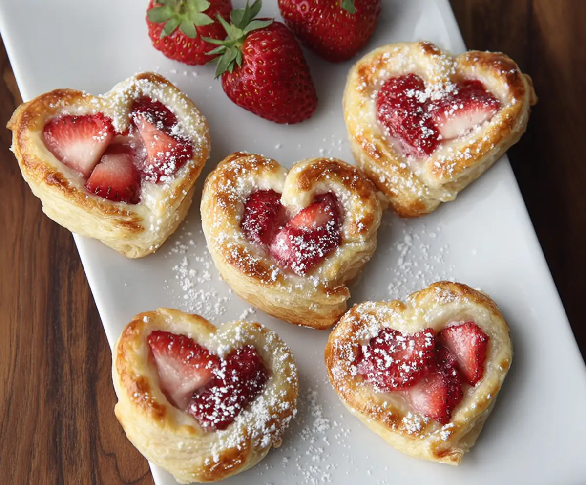 Fresh Strawberry Danish Hearts with glossy glaze and flaky pastry crust.