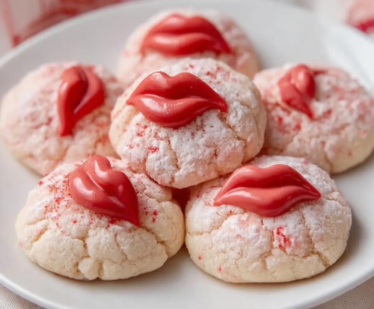 Delicious Strawberry Kiss Cookies with vibrant red strawberry filling and sweet icing on top.