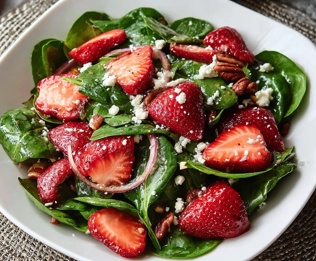 Fresh strawberry spinach salad with nuts and feta cheese, vibrant and healthy.