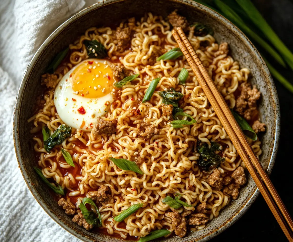 Delicious Sweet Chili Ramen Noodles garnished with fresh vegetables and herbs.