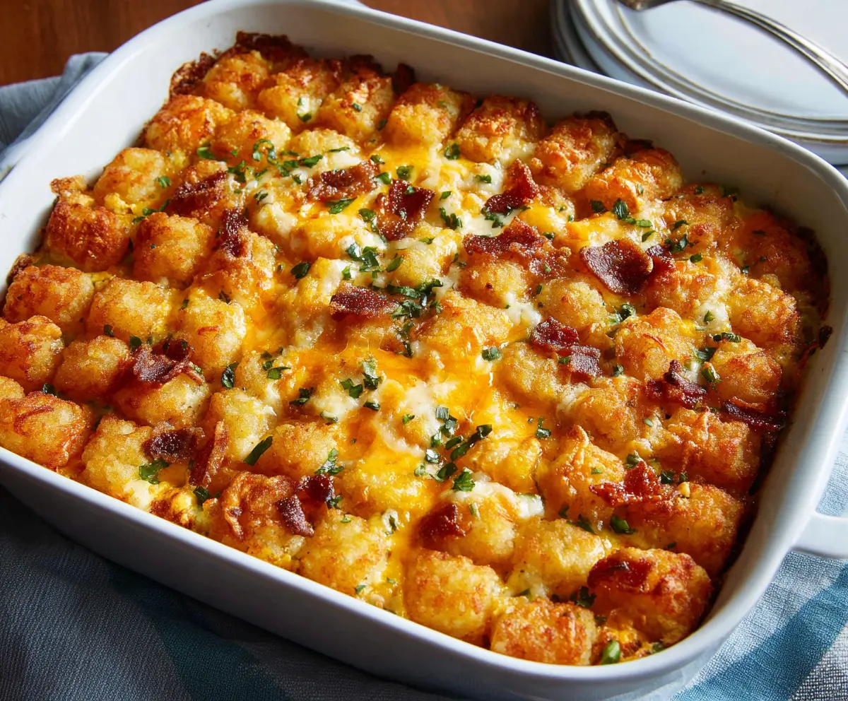 Delicious Tater Tot Egg Breakfast Casserole with crispy potatoes and fluffy eggs, perfect for breakfast or brunch.