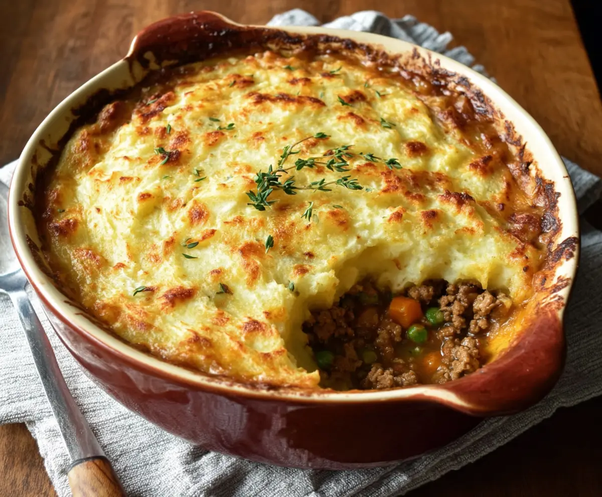 Delicious homemade Turkey Shepherd's Pie with mashed potatoes and savory turkey filling