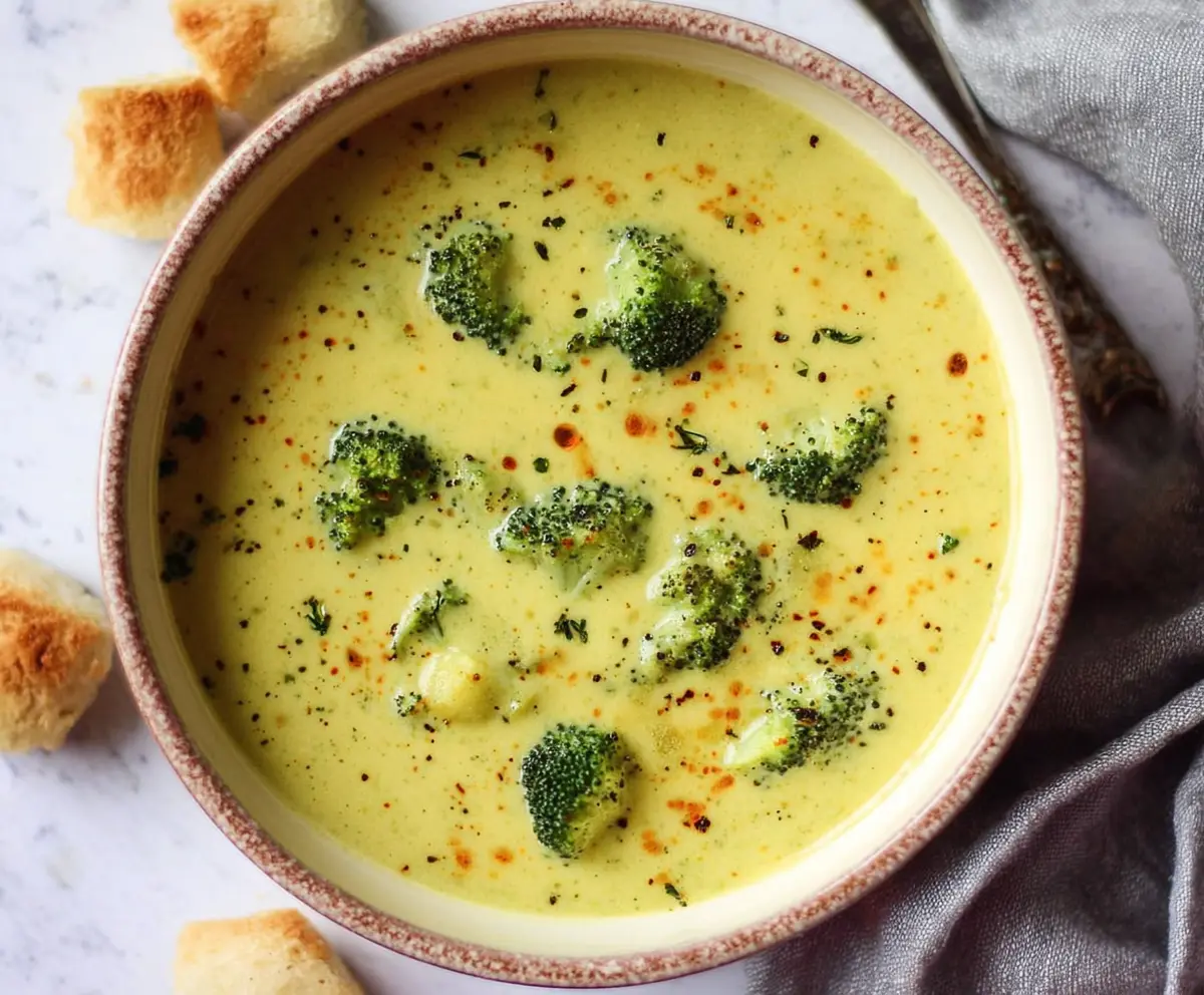 Creamy vegan broccoli and potato soup in a bowl, garnished with fresh herbs, perfect for a healthy meal.