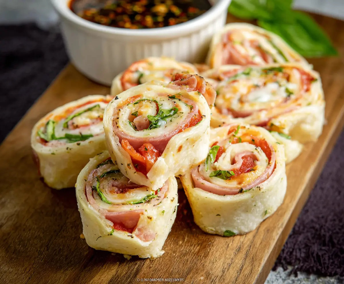 Delicious Zesty Italian Pinwheels with fresh herbs and cheese on a serving platter