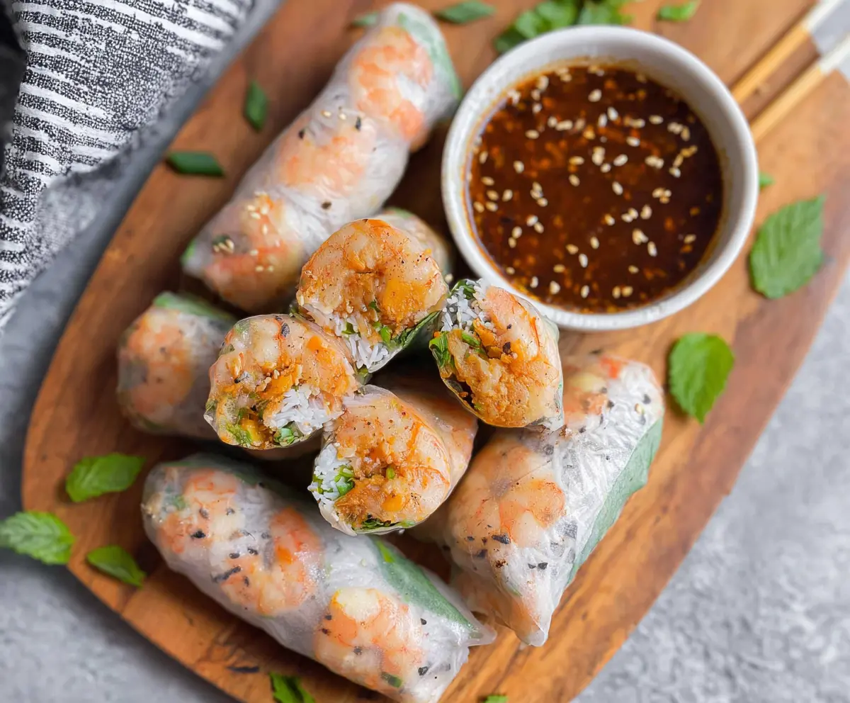 Delicious air fryer shrimp rice paper rolls with fresh vegetables on a white plate.