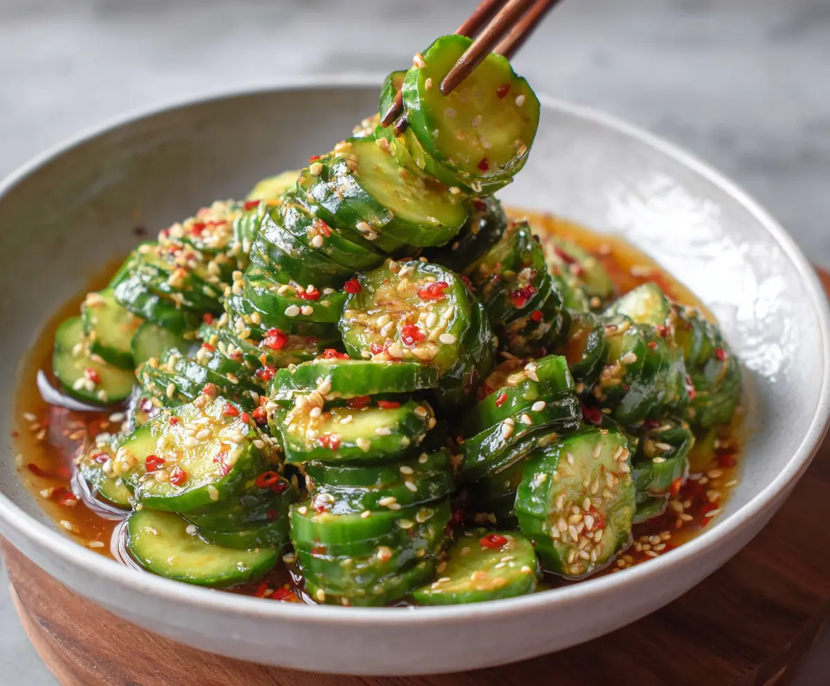 Refreshing Asian cucumber salad with sliced cucumbers, sesame seeds, and a tangy dressing ready to serve.