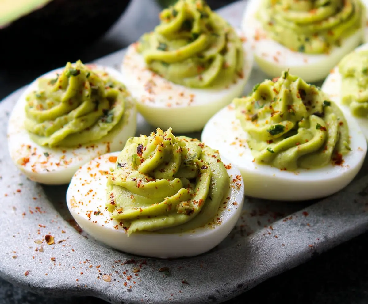 Creamy avocado deviled eggs topped with paprika on a white plate, perfect for healthy snacking.