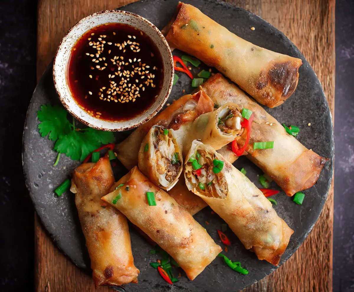 Crispy baked Chinese vegetable spring rolls served with dipping sauce on a plate.