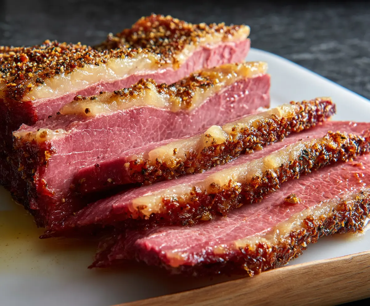 Juicy baked corned beef brisket with golden crust served on a plate.