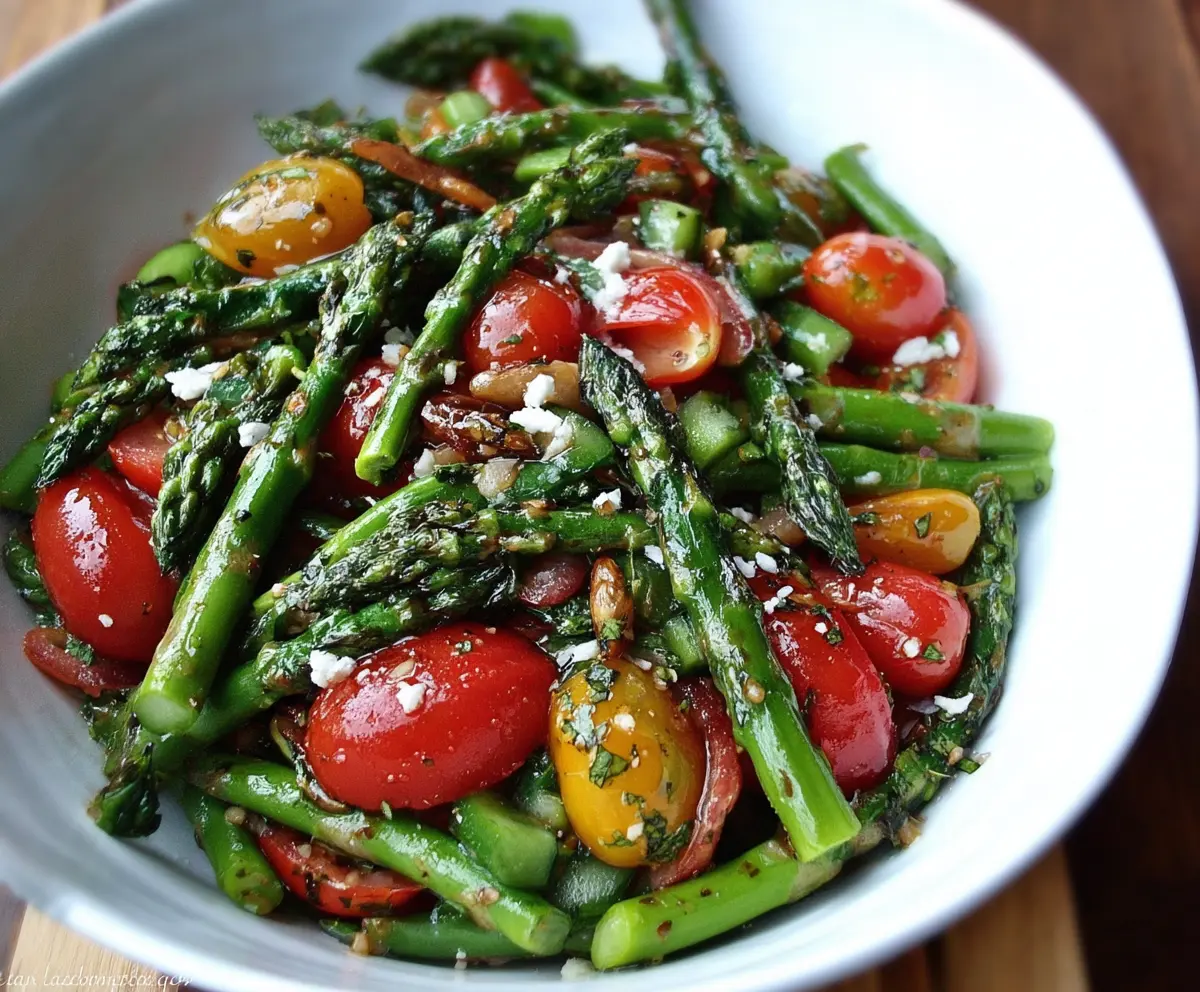 Fresh Balsamic Asparagus Tomato Salad served in a bowl, highlighting vibrant vegetables and a balsamic glaze drizzle.
