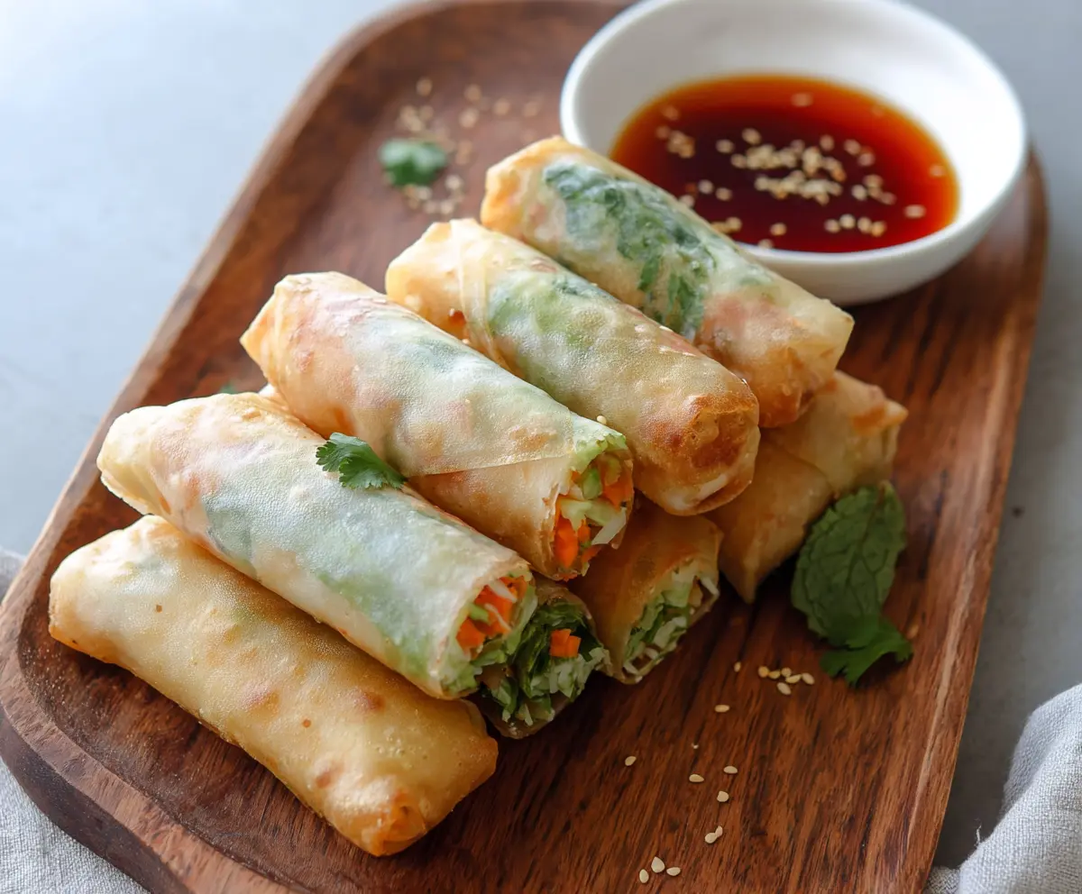 Colorful Bang Bang Vegetable Spring Rolls with fresh vegetables and crispy rice paper.