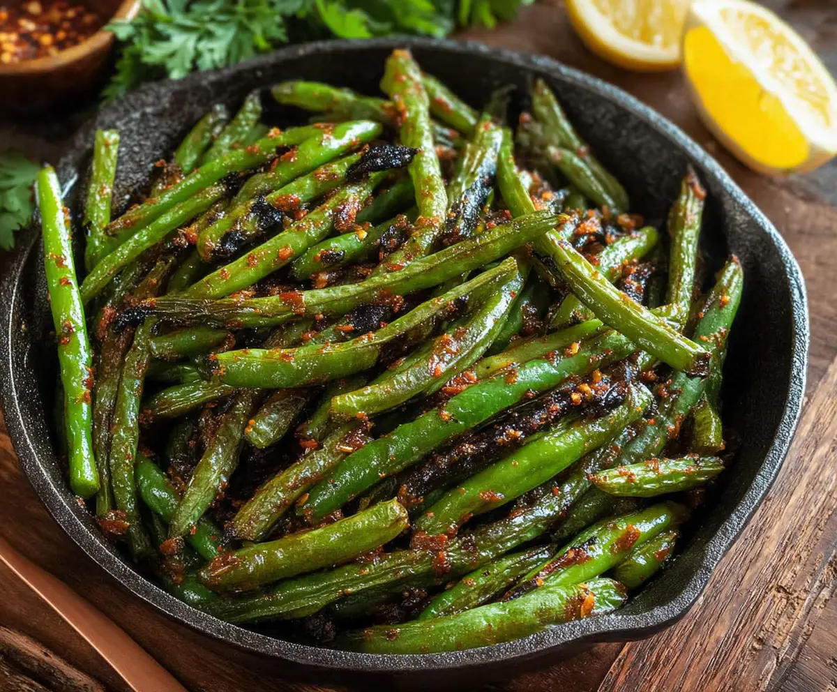 Delicious blackened green beans garnished with herbs, perfect for a flavorful side dish.