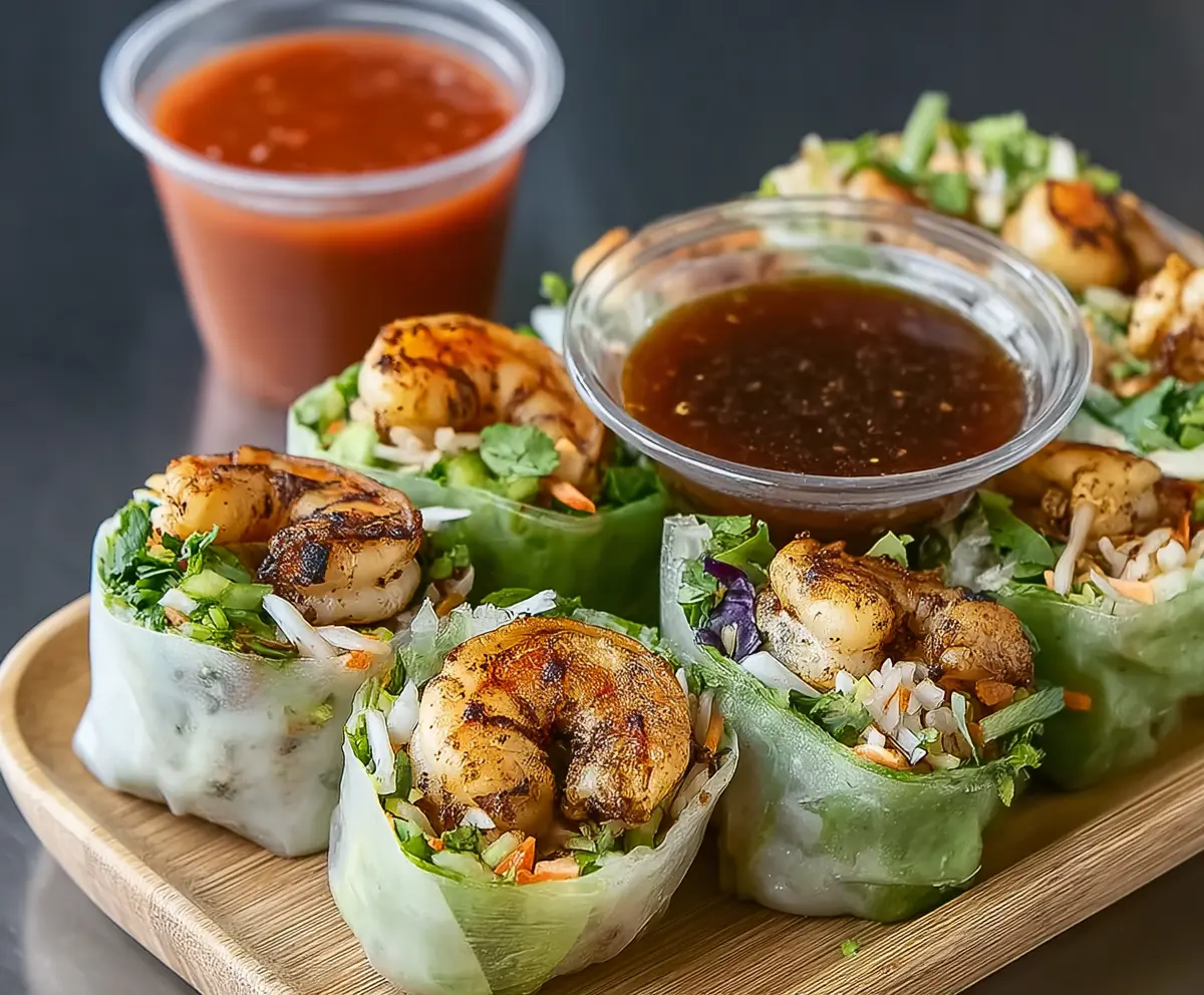 Delicious blackened shrimp spring rolls with fresh vegetables and herbs, perfect for a light appetizer.