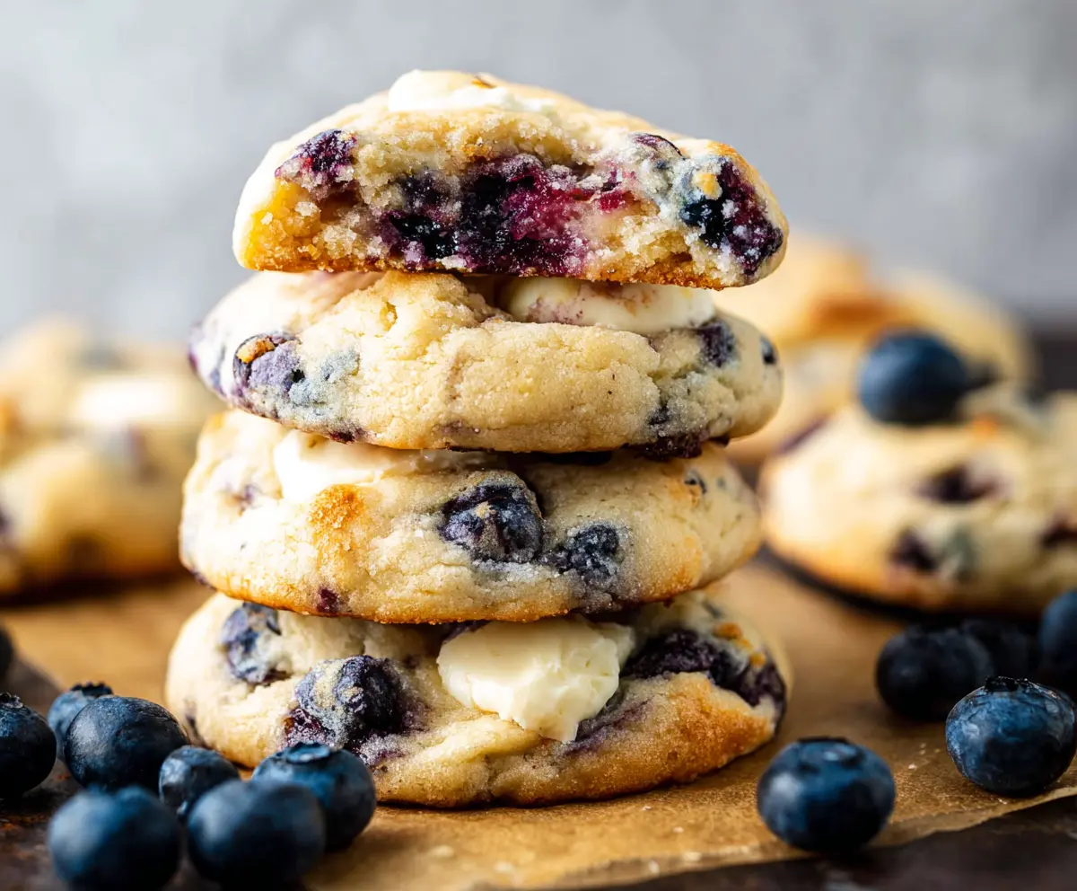 Delicious blueberry cheesecake cookies with creamy filling and fresh blueberries on top
