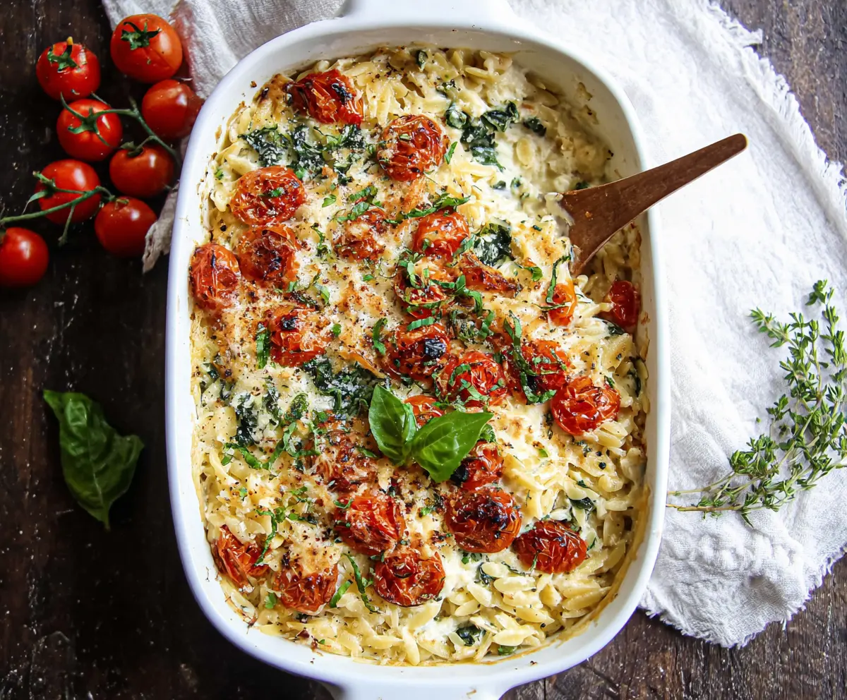 Creamy Boursin Orzo Bake with melted cheese and fresh herbs, a delicious Italian-inspired casserole.