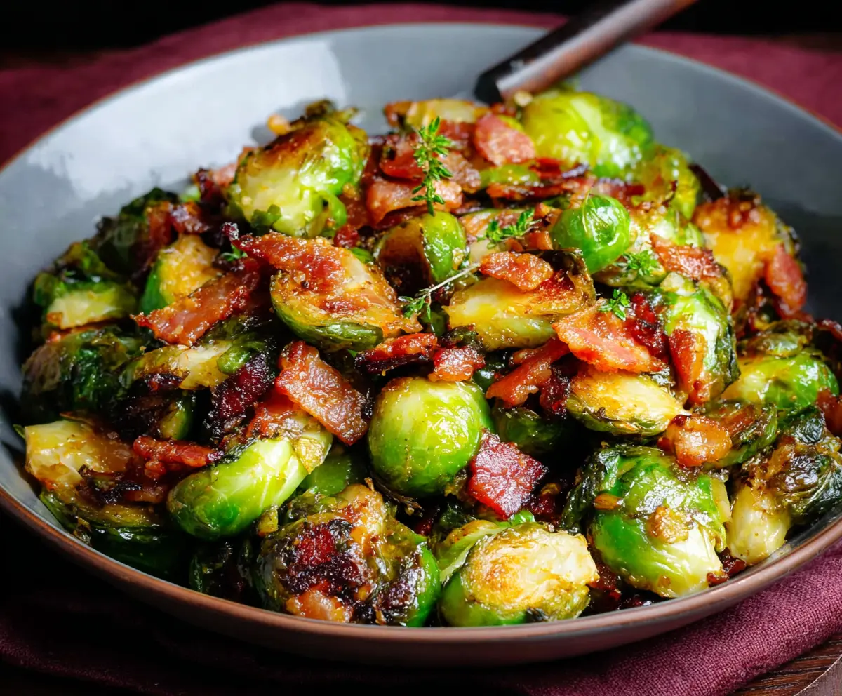 Delicious roasted Brussels sprouts with crispy bacon bits on a serving platter