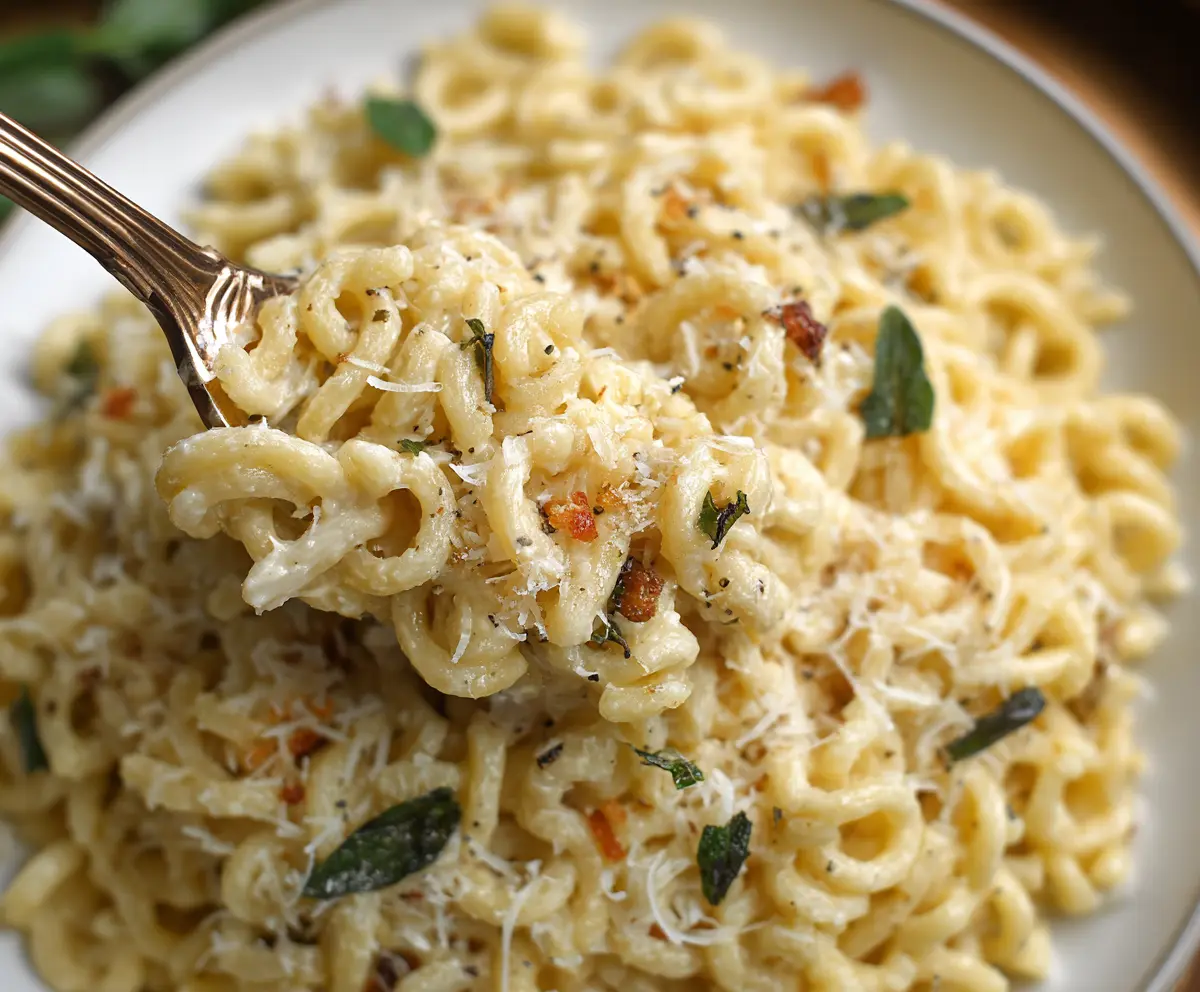 Creamy butter parmesan pasta served garnished with fresh herbs in a white bowl.