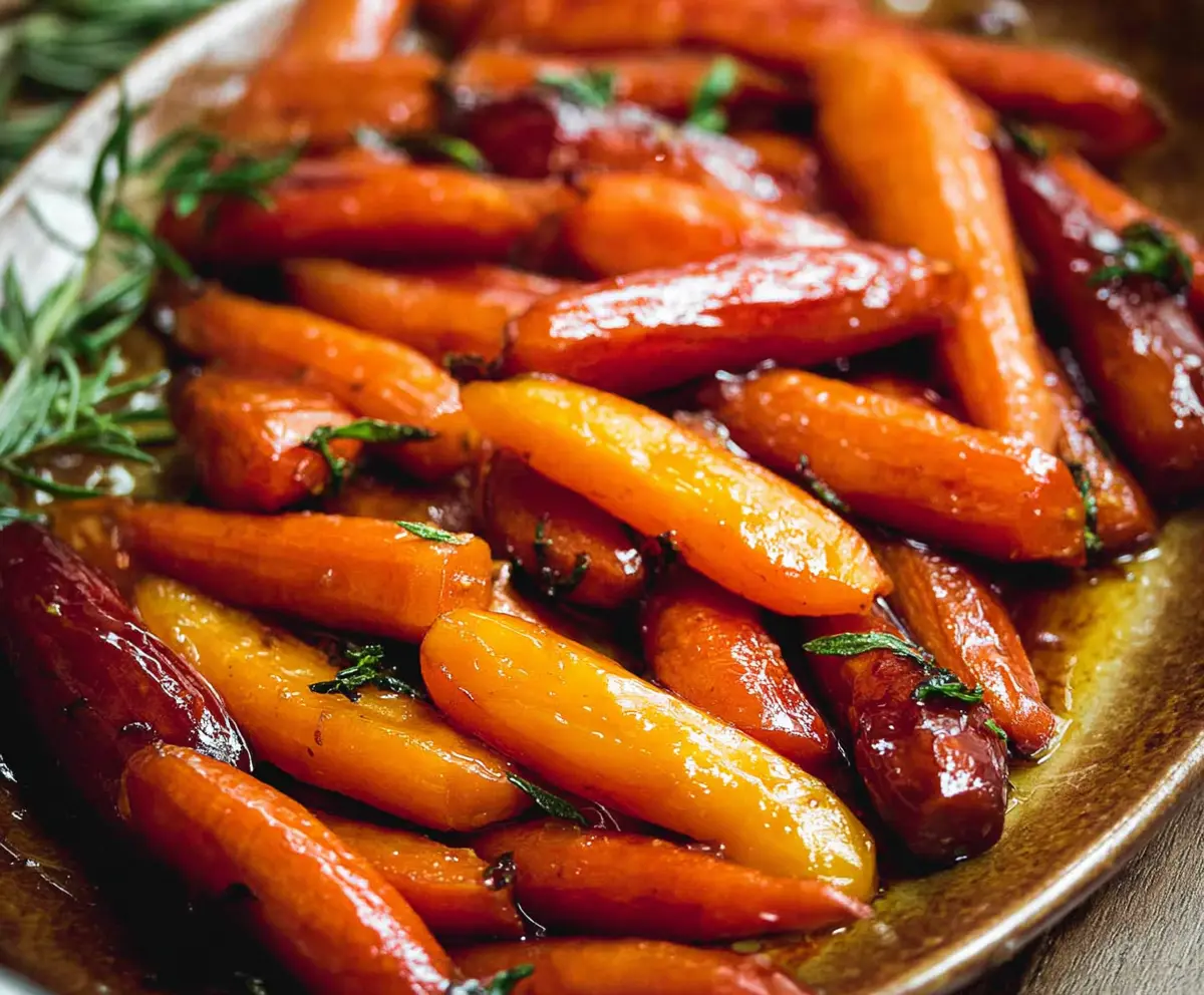 Sweet candied carrots garnished with fresh herbs on a rustic wooden table.