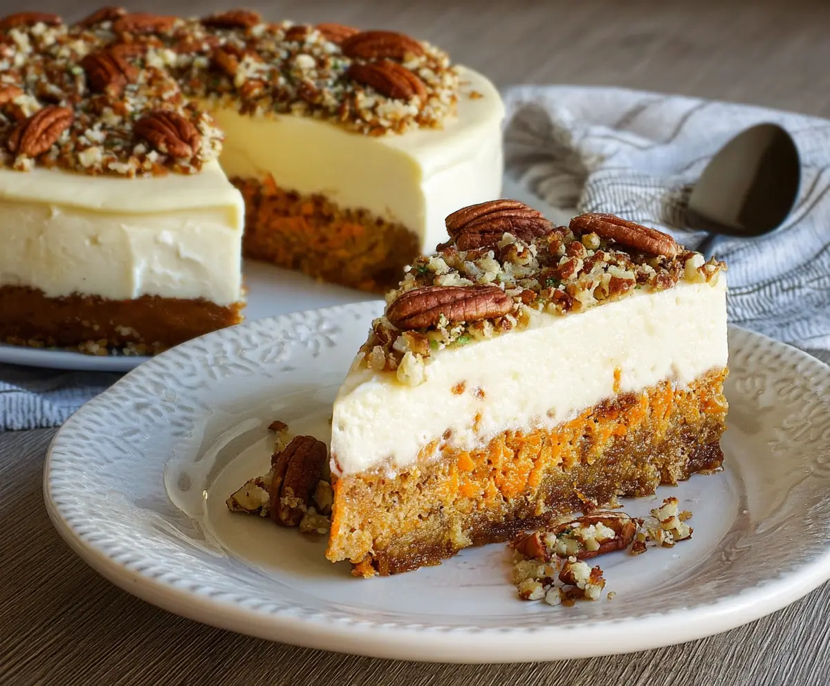 Delicious carrot cake cheesecake topped with cream cheese frosting and grated carrots, showcasing a moist and flavorful dessert.