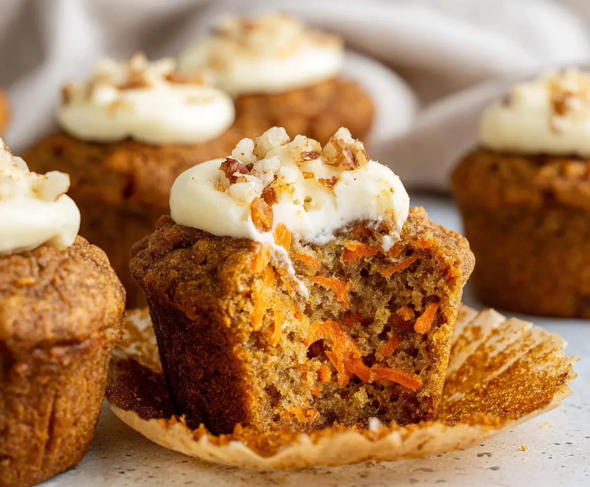 Delicious homemade carrot cake muffins with cream cheese frosting on a plate.