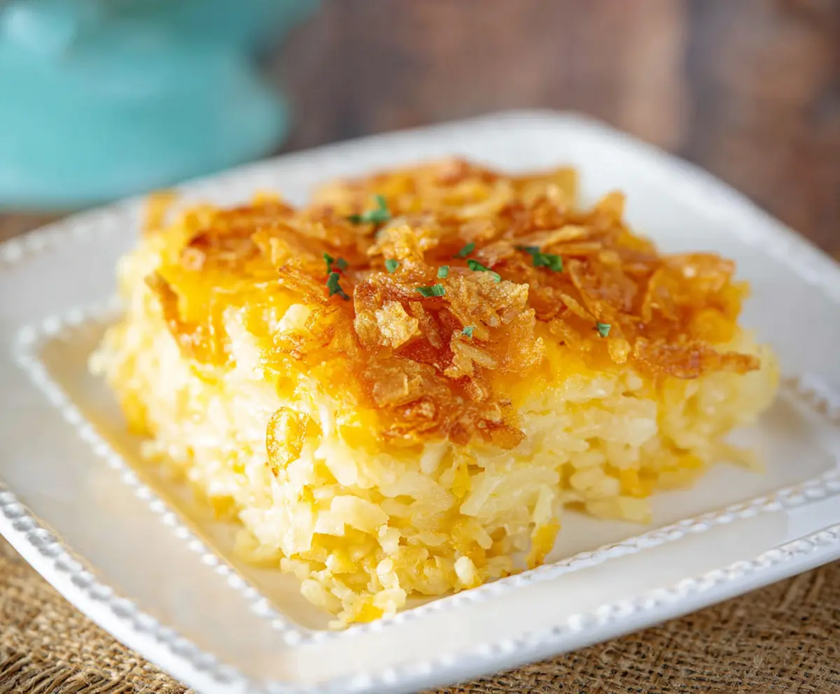 Delicious cheesy hashbrown casserole with golden top served in a baking dish.