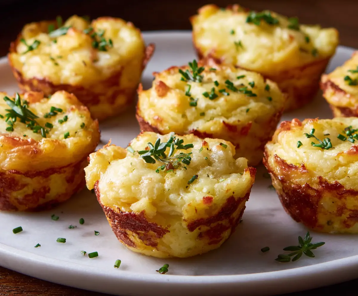 Delicious cheesy mashed potato muffins topped with melted cheese and herbs
