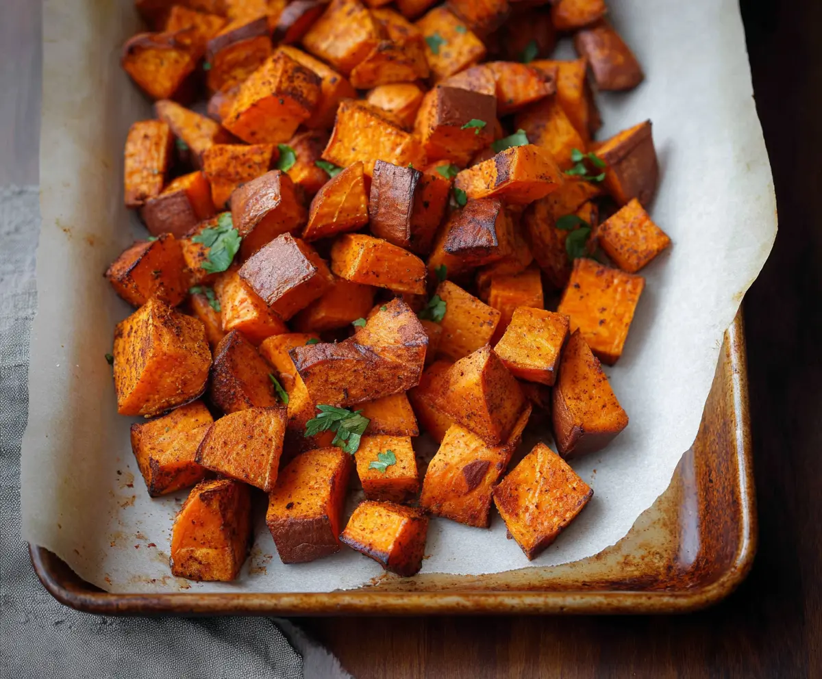 Delicious cinnamon roasted sweet potatoes with caramelized edges, served on a rustic plate.