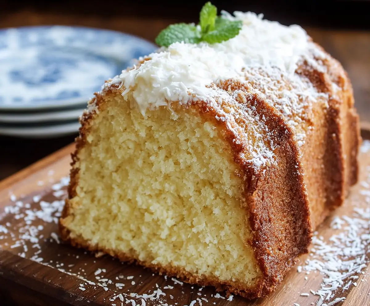 Delicious Coconut Cream Cheese Pound Cake sliced and ready to serve, showcasing a moist and rich dessert with coconut flakes on top.