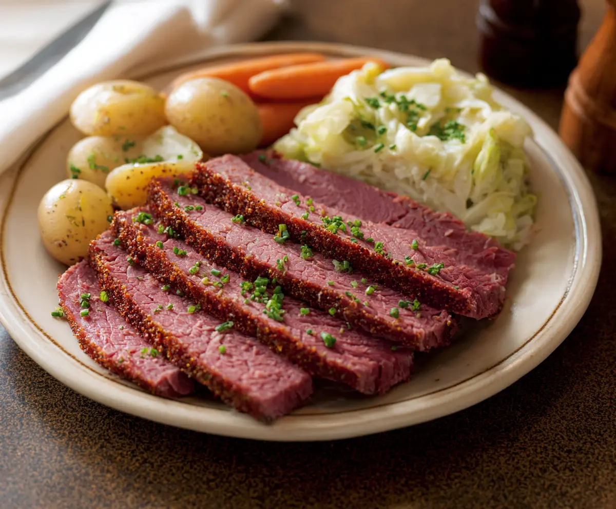 Delicious homemade corned beef and cabbage served on a plate for a hearty meal