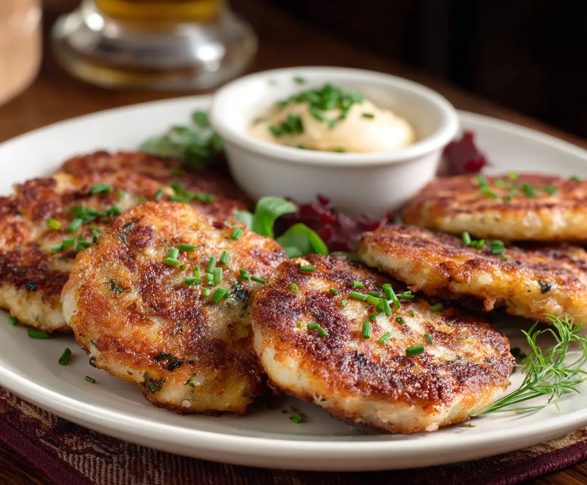 Delicious homemade corned beef and potato cakes served on a plate.