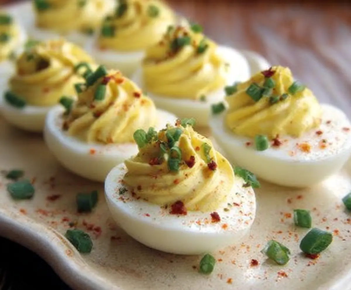 Cream cheese deviled eggs garnished with paprika and fresh herbs on a white plate.