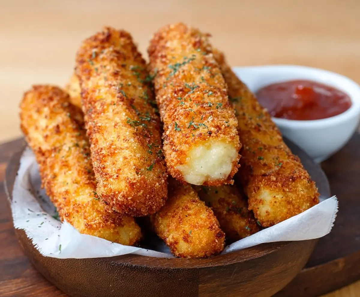 Plate of crispy loaded potato cheese sticks garnished with herbs, perfect for an appetizer or snack.